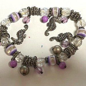 Stretch Charm Bracelet Seahorses Purple Silver Tone Beads